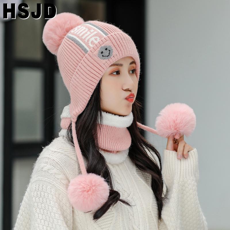 

Cute Smile Knitted Hat Scarf 2 Pcs Set Winter Women's Hats Three Pompom Ear Warm Skullies Beanies Caps Ladies Girls Winter Hats, White