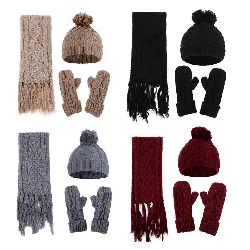 

3 In 1 Women Winter Girls Rhombus Cable Knit Warm Beanie Hat Scarf Gloves Set1