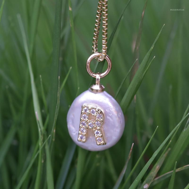 

micro paved CZ initial 26 alphabet letter name white freshwater pearl bead gold charm pendant dainty choker necklace for women1