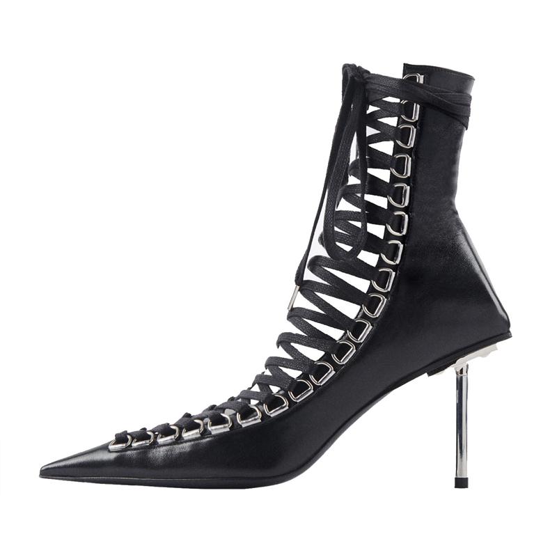 

Sexy Red Leather Pointed Toe Ankle Boots Heel Lace up Strappy Shoes Party Boots Rome Leather Nightclub Bare Stiletto Metal, Black
