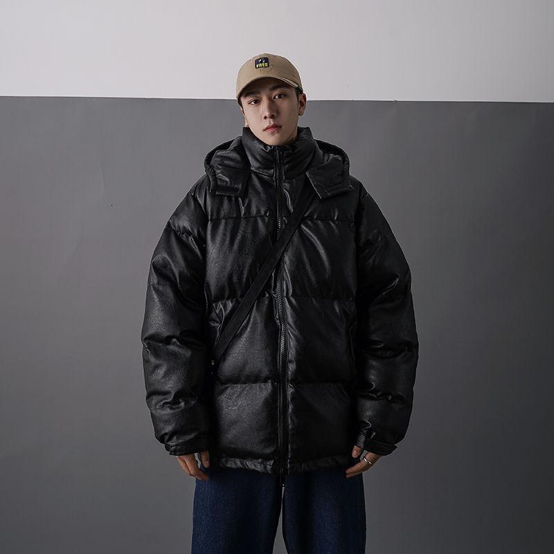 

New winter thick cotton jacket men's Korean style hooded loose youth solid color warm top, Black