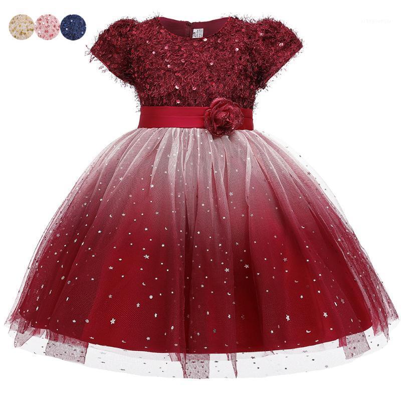 

2020 Summer New Spain Girl Princess Dress Short Sleeve Flower Sequin Dress For 4-11 Years Wedding Party Tutu Gown Vestidos1, Red