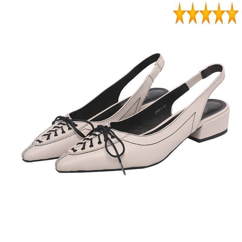 

Shoes Leather 2021 Elegant Female Office Ladies Elastic Pointed Toe Slip-On Chunky Heel Sandal Designer Lace Up Summer Sandals1, Beige