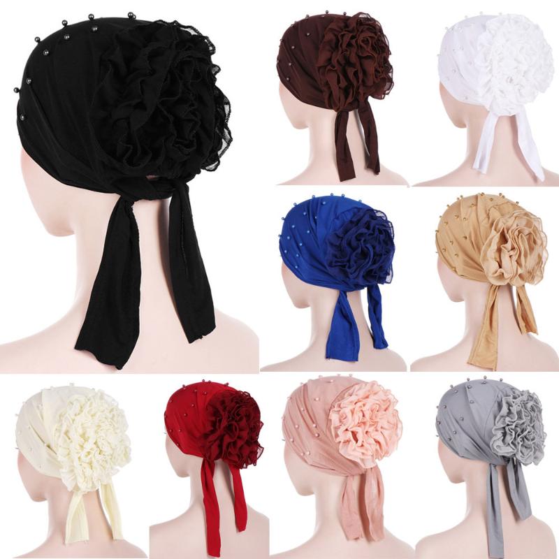 

Fashion Hat 1PC Women Beading Floral India Hat Muslim Ruffle Cancer Chemo Beanie Turban Wrap Cap 2020 JAN30