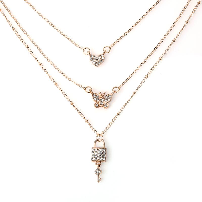 

Fashion 3 Layers Couple Necklace 2020 New Trendy Crystal Butterfly Heart Lock Pendant Neck Chain for Women Choker Jewelry Gifts
