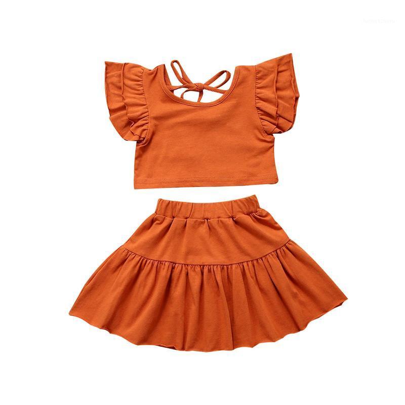 

Little Girl Ruffle Sleeve Solid T-Shirt Crop Tops and Skirt Set Leopard Print Crop Tops and Skirt Outfits1, Brown