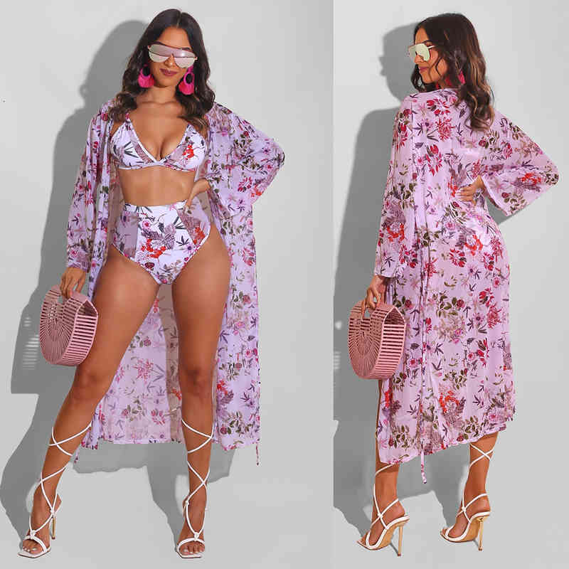 

Womens Sexy Printed Bikini Swimsuit Beach Long Sleeved Cardigan Cape Coat Three Piece Set, Gray
