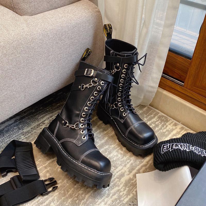 

boots women fashion cool 2020 spring and Autumn New Leather Mid tube thick soles and handsome British motorcycle boots1, Black