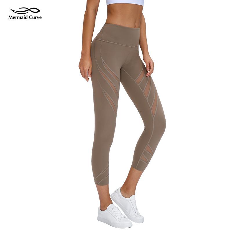 

Mermaid Curve Capris Pants Women Tights Mesh Fabric Panels Are Breathable Yoga Leggings Waistband Pocket Fitness leggings, Black