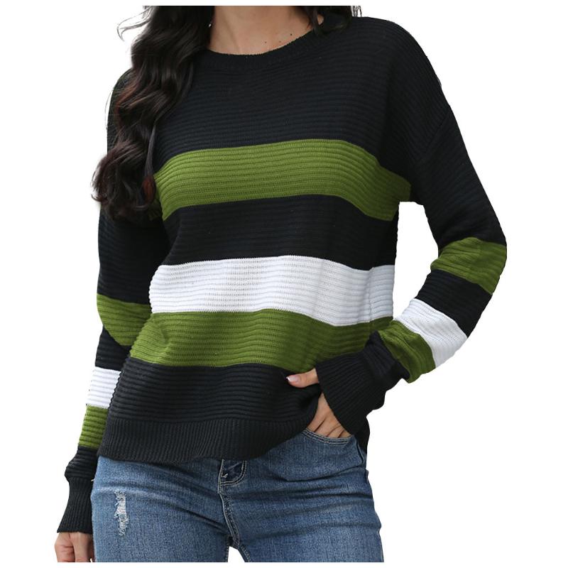 

Fashion Women Striped Sweater Autumn Winter O Neck Long Sleeve Sweater Loose Knit Pullover Patchwork pull femme jersey mujer, Army green