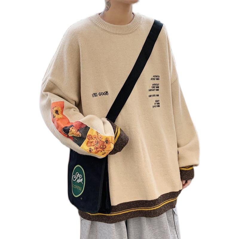 

2020 Men Hip Hop Sweater Pullover Streetwear Gogh Painting Embroidery Knitted Sweater Retro Vintage Autumn Sweaters Cotton, Black
