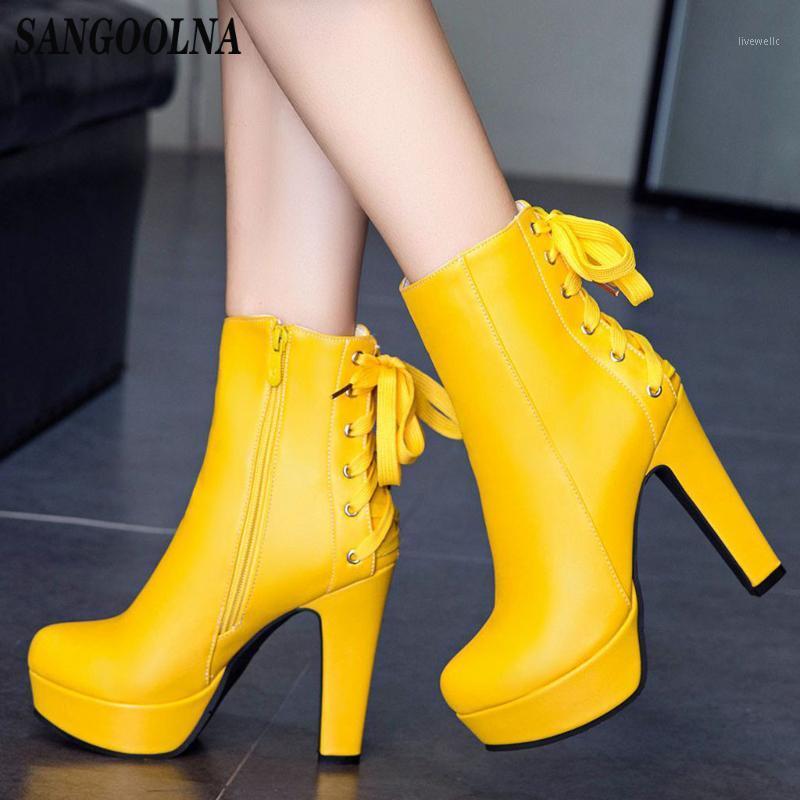 

Yellow Boots Women Heel Boots Waterproof Platform Ankle Women Rear Strap Bow Leather Boot Work Safety Booties1, White