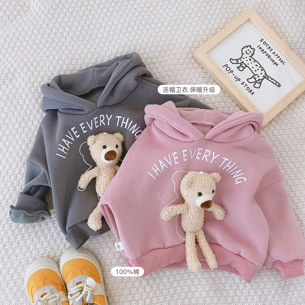 

Children Girls Boys Sweater Hoodie Bear Pink Grey Fleece Warm Coat Pullover Sweatershirt Hooded Kids Winter Clothing, Black
