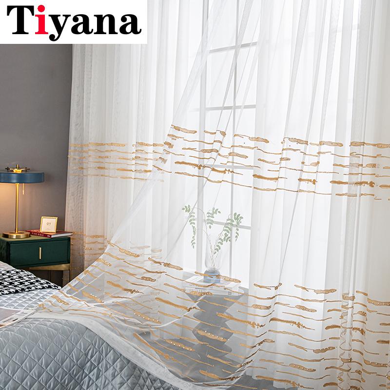 

White Tulle Curtain With Golden Embroidery Thread Pearls Tulle for Living Room Finished Window Drapes Grey Stripe Curtain JK074Y, Color2