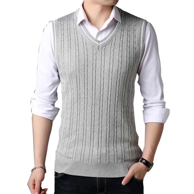 BROWON Clothes Autumn Winter New Classic Slim Sweaters V-neck Sleeveless Mens Knitwear Sweater Vest for Men 201212