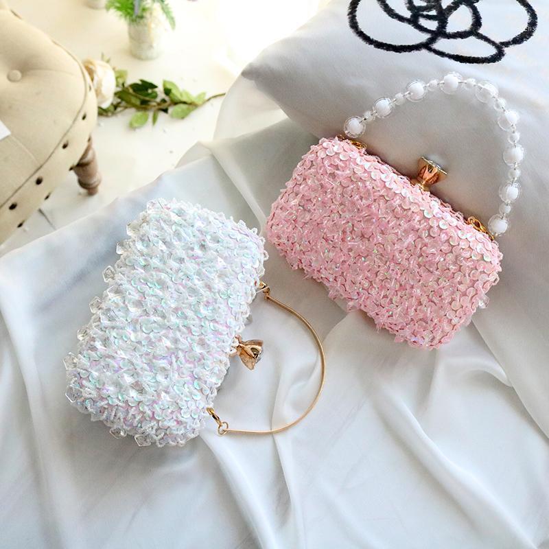 

women fashion shining sequin handbag pure color pearl string strap big rhinestone diamond studded bling clutch purse evening bag1, White