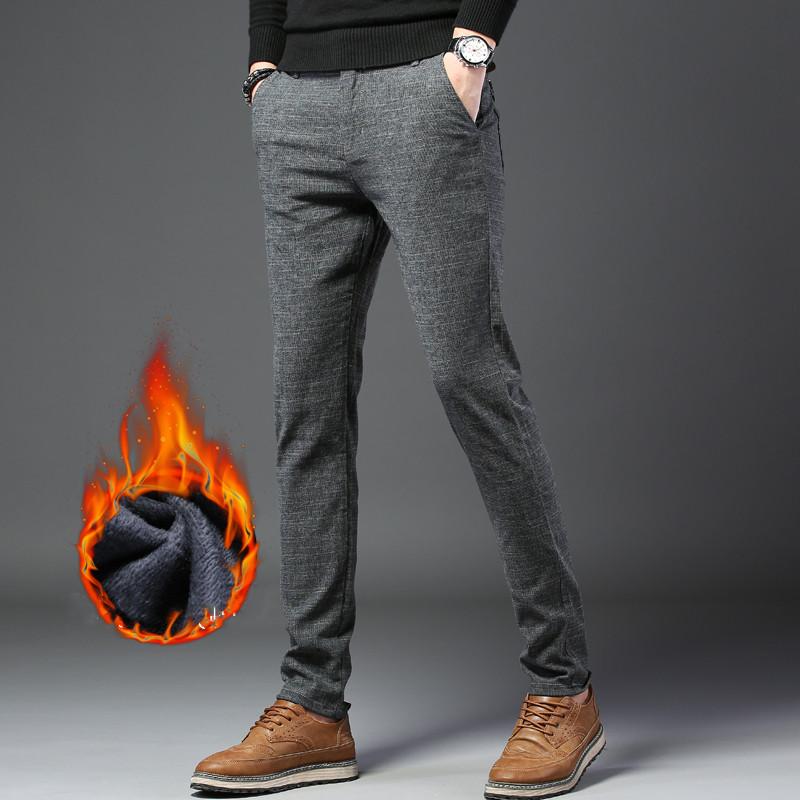 

2020 Winter Men Warm Casual Business Pants Fashion Mens Slim Thick Trousers Male Brand Clothes Fleece Straight Trousers 28-38, Grey fleece