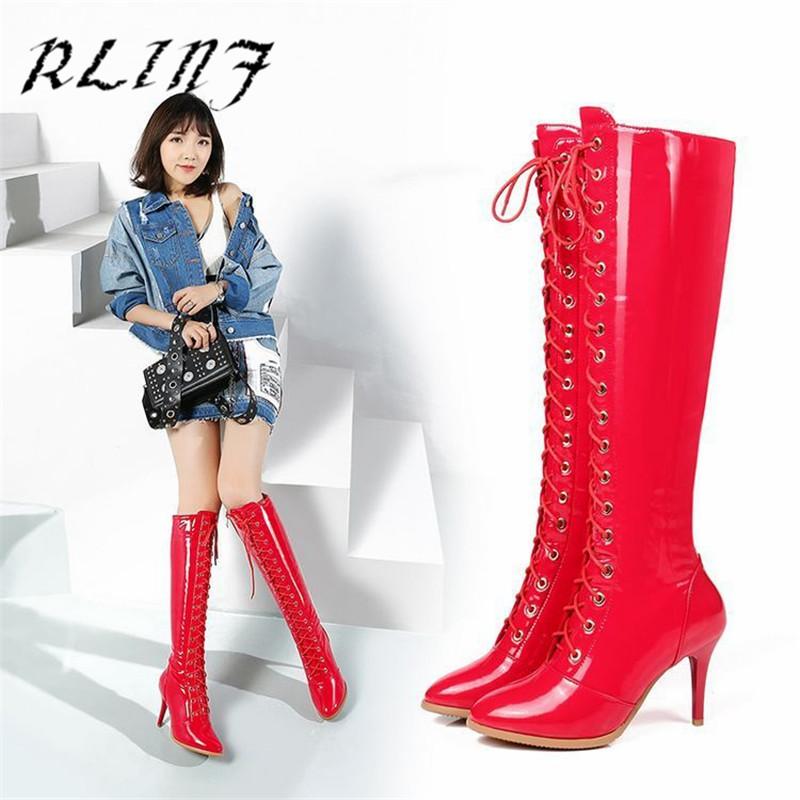 

RLINF New Lace with Stiletto Patent Leather High Boots and Knee Rider Boots Europe and The United States Pointed, Black
