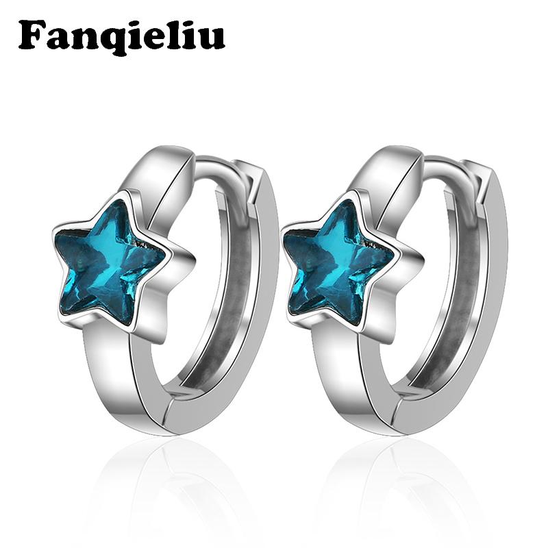 

Hoop & Huggie Fanqieliu Girl Birthday Gift Blue Crystal Star Hoops 925 Sterling Silver Earrings For Women Trendy Small FQL20253