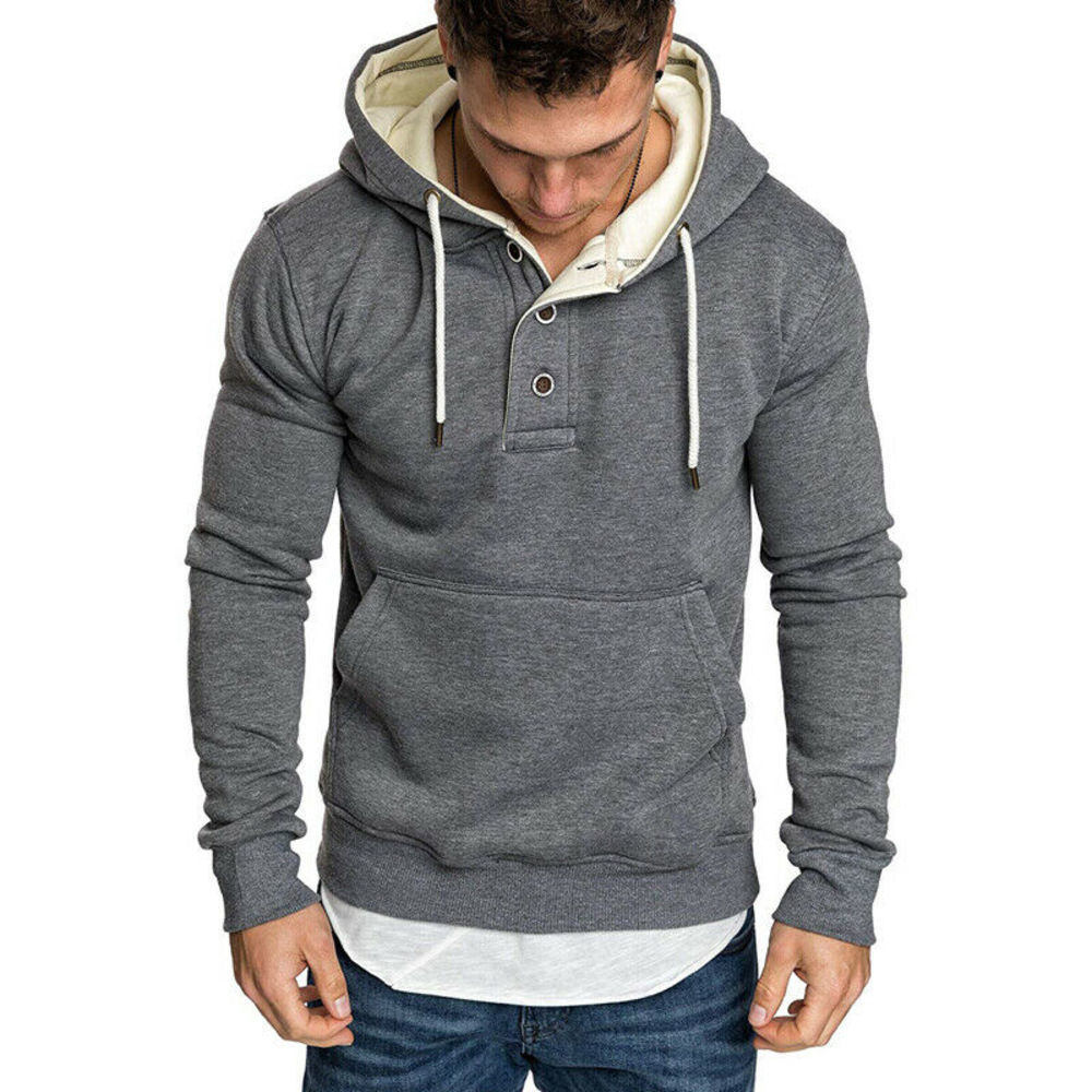 

Mens Winter Warm Long Sleeve Sweatshirt Pullover Solid Casual Jumper Hoodies front button Sweatshirts, Black