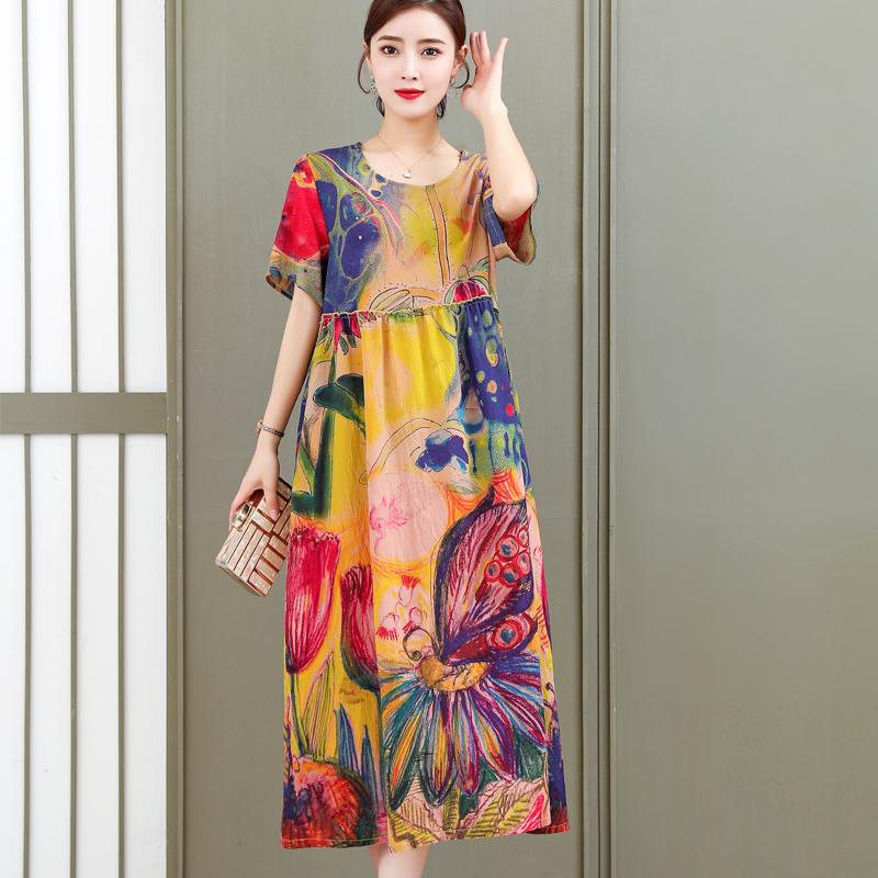 

Women floral print dress Elegant short sleeve a line o-neck dress High waist work wear office lady, Color 1