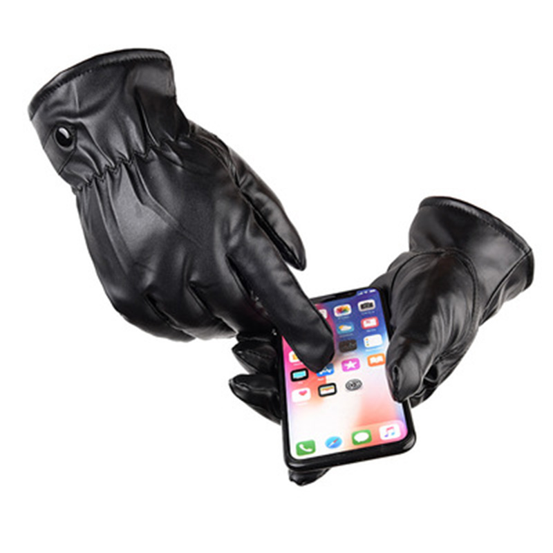 

Winter men's thickened PU leather gloves, black warm gloves, mountain motorcycle touch screen gloves D60