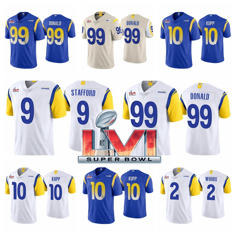 

2022 Los Angeles''Rams''Men Aaron Donald Super football Bowl LVI Matthew Stafford Jalen Cooper Kupp Woods football Jersey