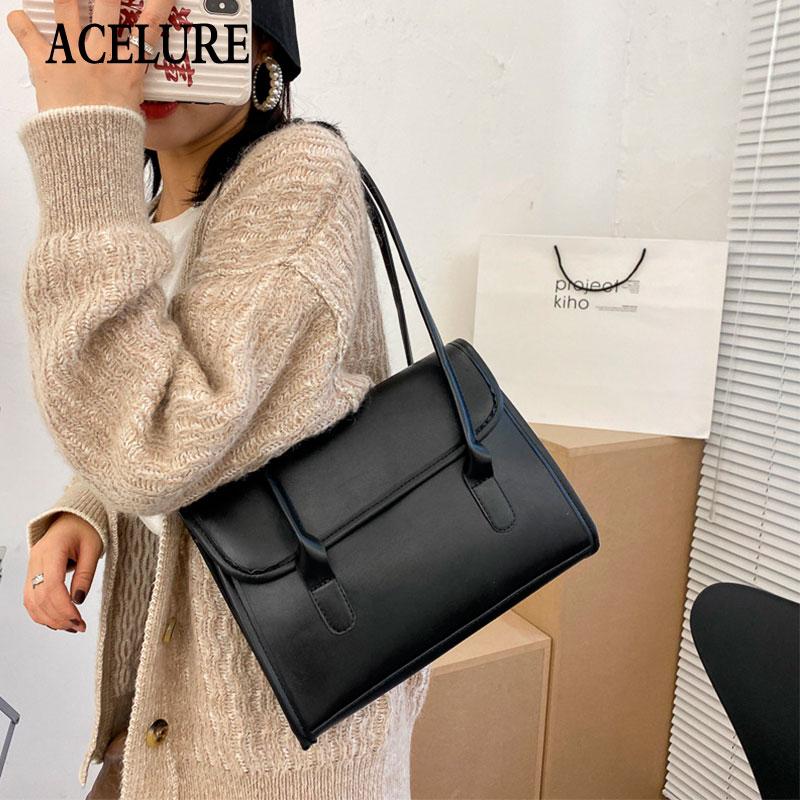 

ACELURE Female Ladies Messenger Bag Purse Satchels Solid Color Casual Shoulder Bags Women Simple Style PU Leather Handbags, Black