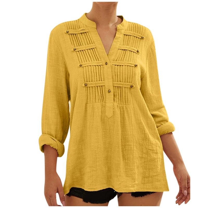 

Linen Blend Blouse Women Casual Autumn Pleated Solid V-Neck Basic Top Female Women Long Sleeve Shirt Blusas Pullover Plus Size, White
