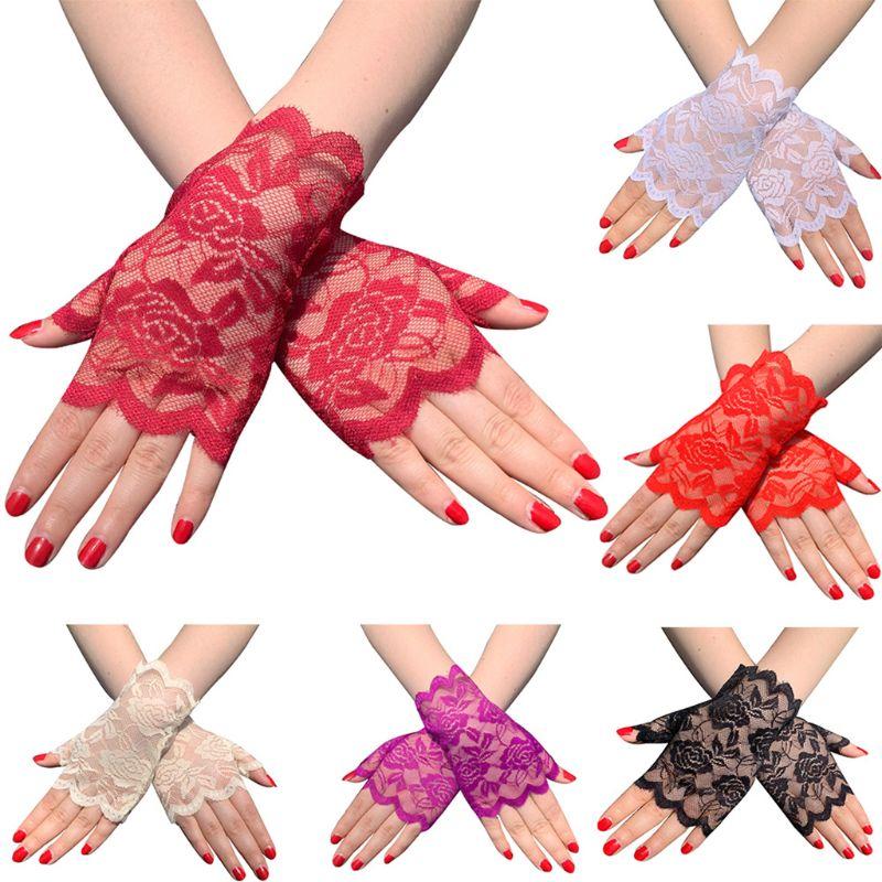 

Five Fingers Gloves Women Summer Hollow Out Floral Lace Fingerless UV Sun Protection Driving Short Half Finger Mittens