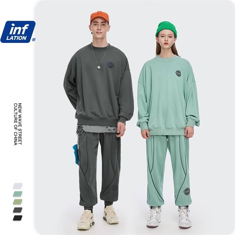 

INFLATION Laser Reflection Sweatshirts Suit Men Streetwear Fashion Cotton Oversized Hip Hop Sweatshirt Men Loose Sweatpant 201109, Light gray