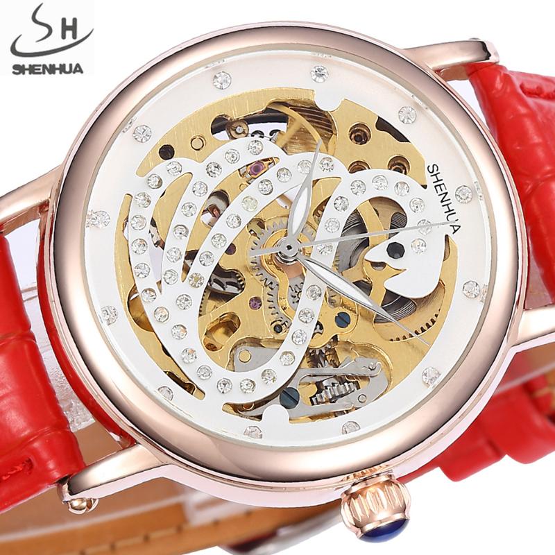 

SHENHUA Designer Skeleton Wristwatches Women Automatic Mechanical Watches Fashion Rhinestone Self Wind Watch Relogio Feminino, 7 with bag