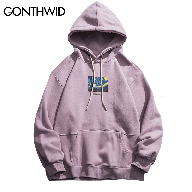 

Van Gogh Starry Night Print Fleece Hoodies Sweatshirts Streetwear Men Hip Hop Pullover Hooded Tops Male Harajuku Jumper, Pink purple