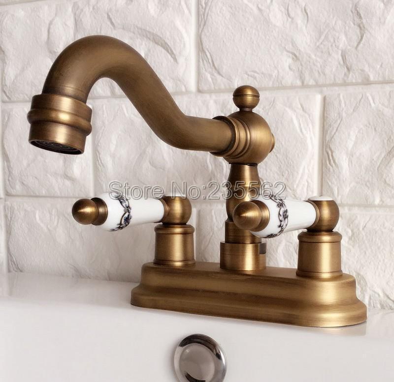 

Antique Brass Dual Ceramics Handles Deck Mount 4" Centerset Sink Mixer Tap 2 Holes Bathroom Basin Faucet Lan0641