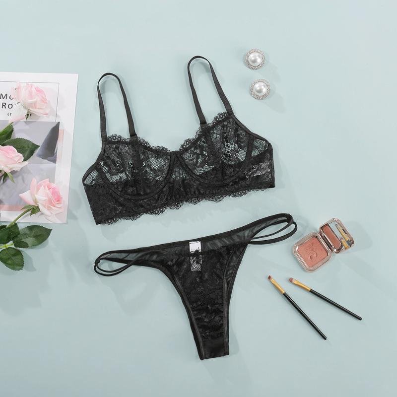 

WEPBEL Gathered Lace Sexy Bra G-string Transparent Strap Set Women Exotic Sets Sexy Lingerie with Steel Ring Nightwear, Black