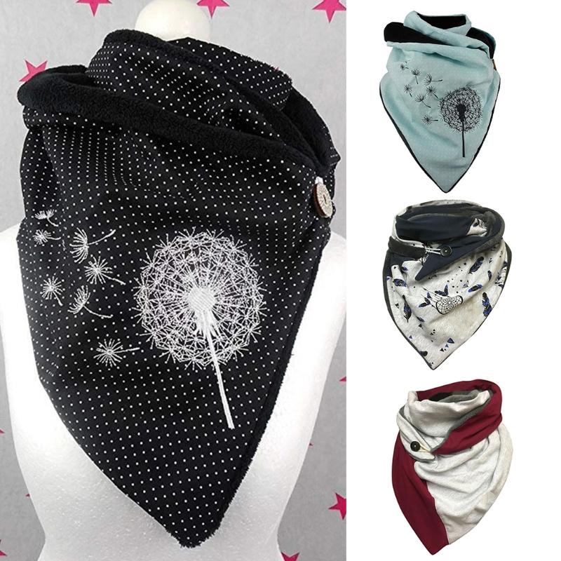 

Unisex Winter Button Triangle Scarf Contrast Color Dandelion Print Shawl Wrap Faux Fleece Lining Neck Warmer Blanket