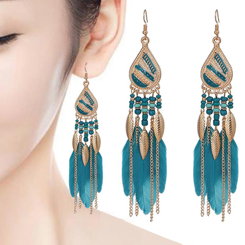 

Bohemian Long Water Drop Tassel Earrings For Women Alloy Feather Rice Bead Stud Girl Gift Interesting Decoration Accessories