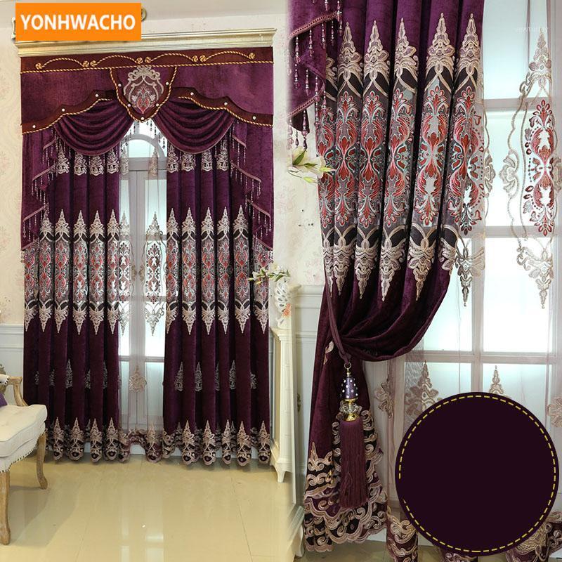 

Custom curtains High-grade thick chenille luxury European embroidery purple cloth blackout curtain tulle valance drape N7601, Tulle sheer