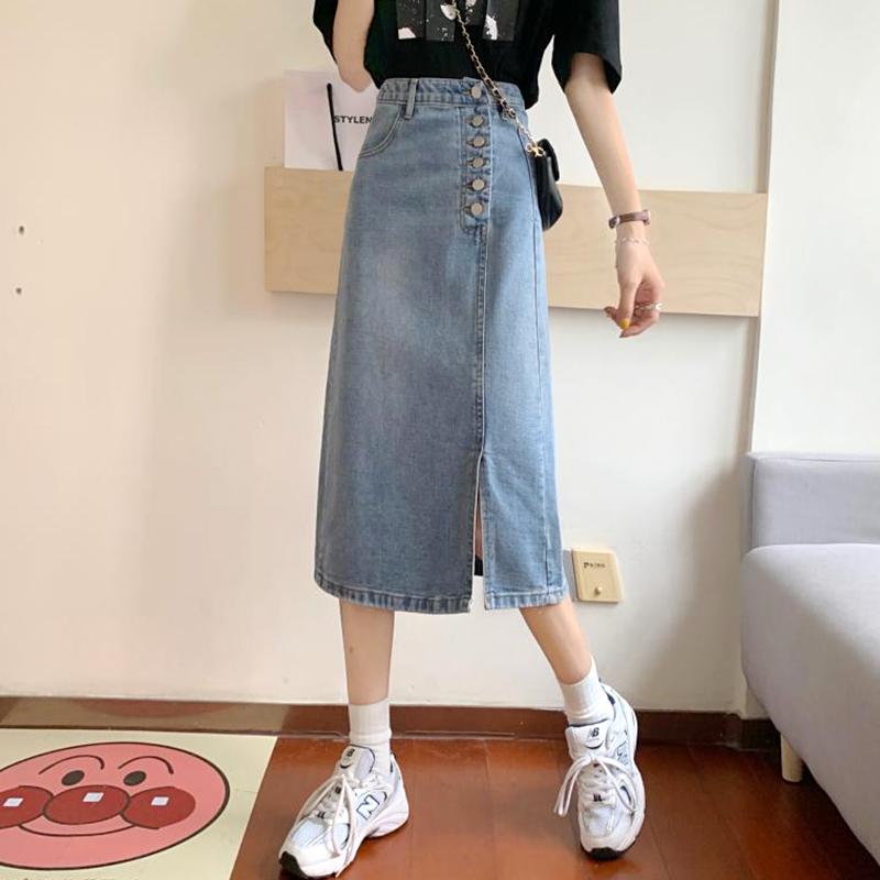 

2020 Autumn New Arrival All-match Vintage Wash Fashion Womens Denim Jeans High-waisted slit Female Ladies A line Skirt, Photo color