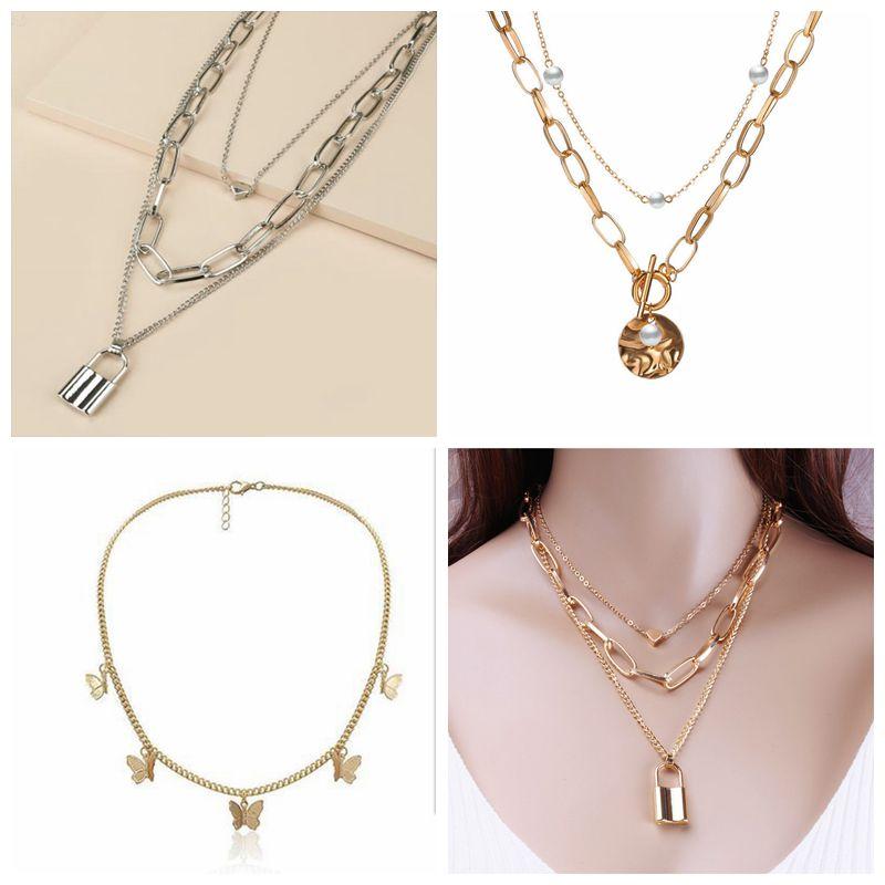 

Canner Vintage Multi Layer Lock Necklaces Chain For Women NEW Gold Heart Key Pendants Necklace Fashion Party Jewelry Gifts