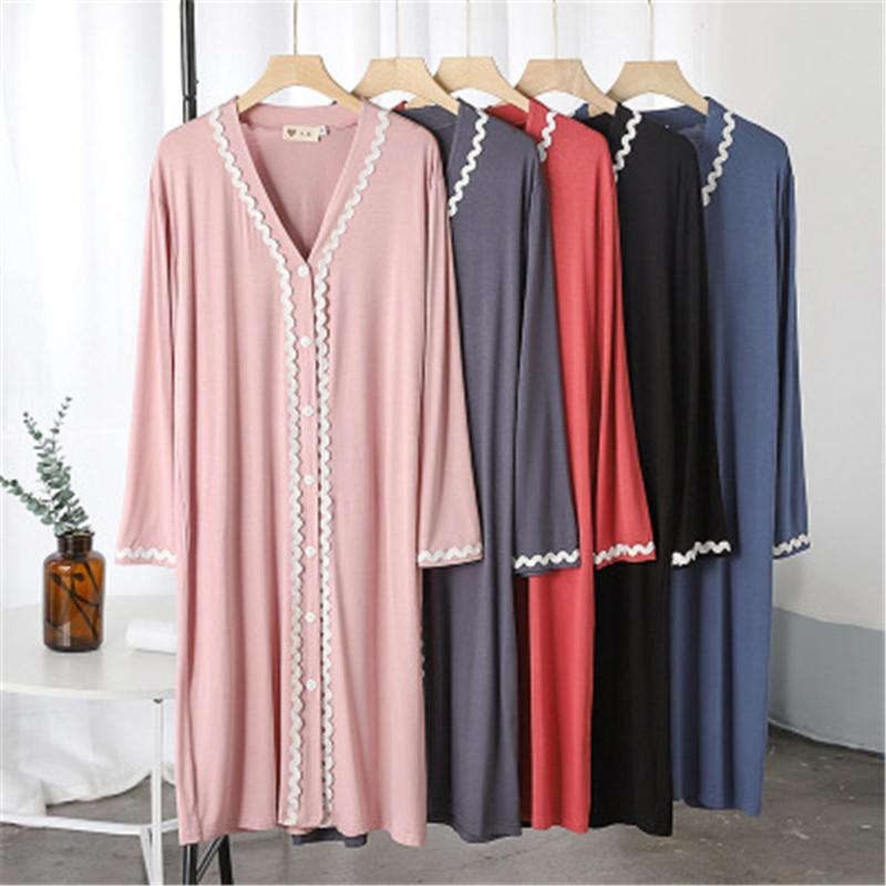 

Casual Dresses Women Modal Nightdress Cardigan Lace Long Sleeve Dress Outer Wear Home Clothes Plus Size V-neck Women's Nightwear Nightgowns, Black;gray