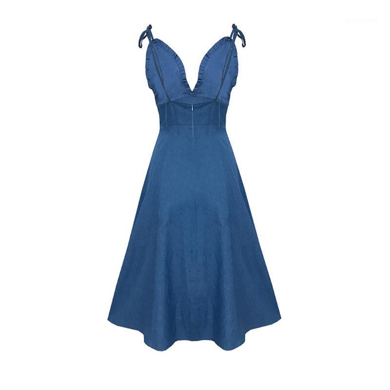 

Fashion New Spring 2020 Ladies Button Round Neck Short Sleeve Bow Denim Dress Women Denim Ruffles Casual Sleeveless Off Should1, Blue