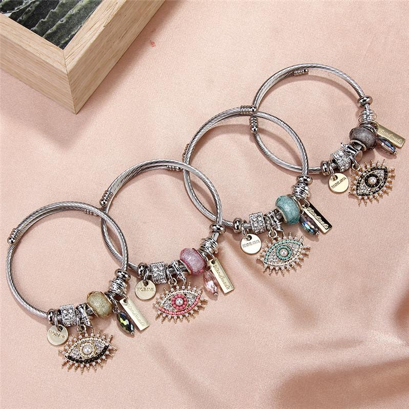 

Charm Bracelets Crystal Pearl Evil Eye Pedent For Women Rhinestone Bead Stainless Steel Open Adjustable Cable Bangles Party Jewelry