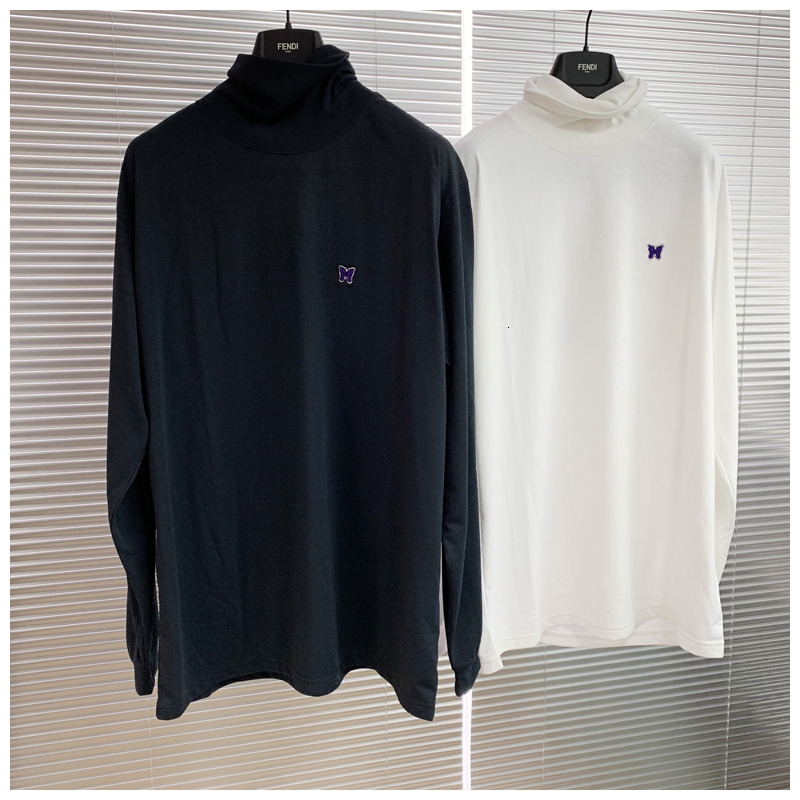

2021 New Needles Butterfly Embroidered Turtleneck Long Sleeve T-shirt Men's and Women's Japanese Fashion Brand Cotton Base Shirt Gjpj, White