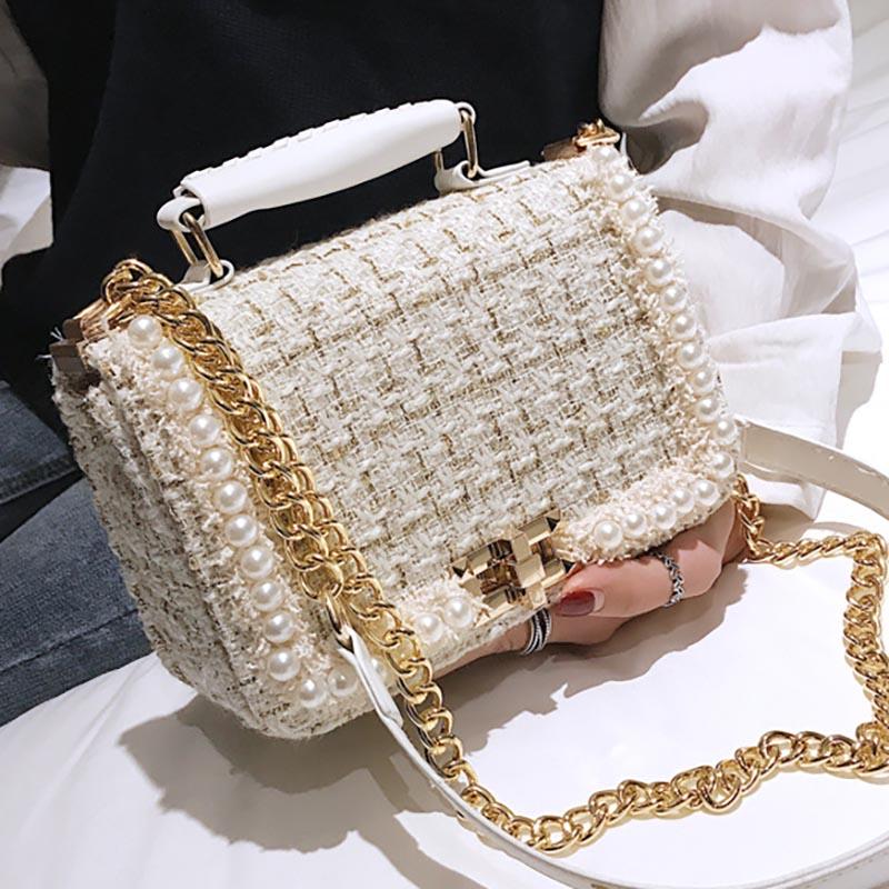

2020 Winter Fashion New Female Square Tote bag Quality Woolen Pearl Women's Designer Handbag Ladies Chain Shoulder Crossbody Bag, Black