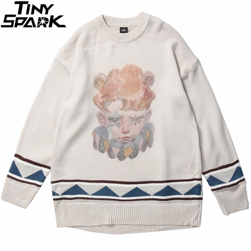 

Men Hip Hop Sweater Pullover Streetwear Crying Boy Girl Print Knitted Sweater Retro Vintage Autumn HipHop Sweaters Loose 201201, A5520812 white
