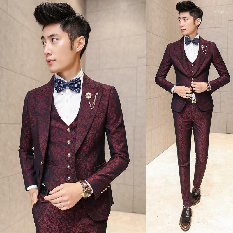 

Wholesale- Prom Men Suit With Pants Red Floral Jacquard Wedding Suits for Men 3 pieces / Set (Jacket+Vest+Pants) Korean Slim Fit Dress1, Photo color