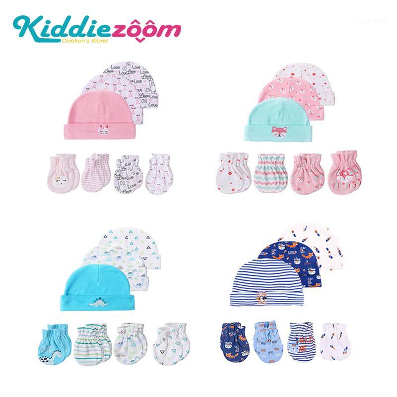 

2020 Girls Boys 0-6M Newborn Baby Soft Cotton Hat+Gloves Cartoon Unisex Infant Sleep Hat Gloves Stripe Animal Cute Blue Pink1, Hp5009