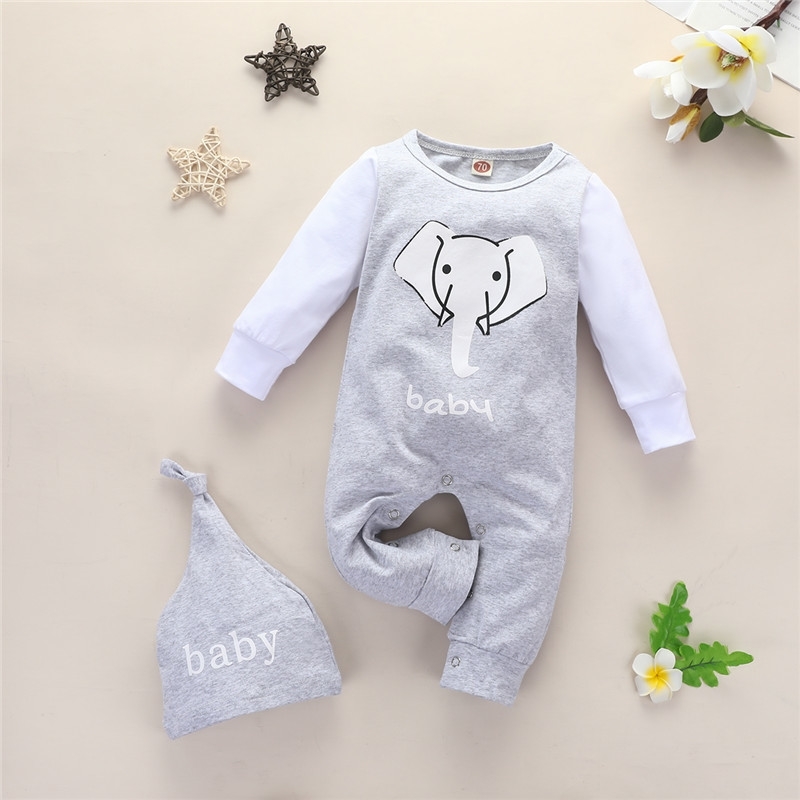 

Baby Girls Elepant Cartoon Print Rompers With Hat Autumn Casual Outfits Clothing 0-24M 201127, Gray