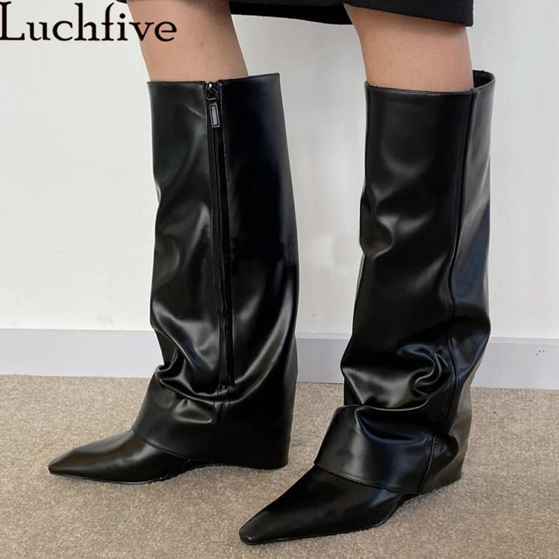 

Invisible Heightening Knee high boots for women Black Genuine leather Long boots 2021 Spring New Cowboy Knight Botas Mujer, Black matte leather